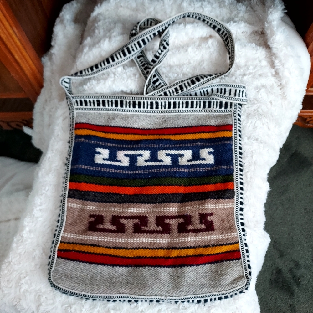Wool crossbody tote with Aztec style design Boho Hippie Southwestern Beachy